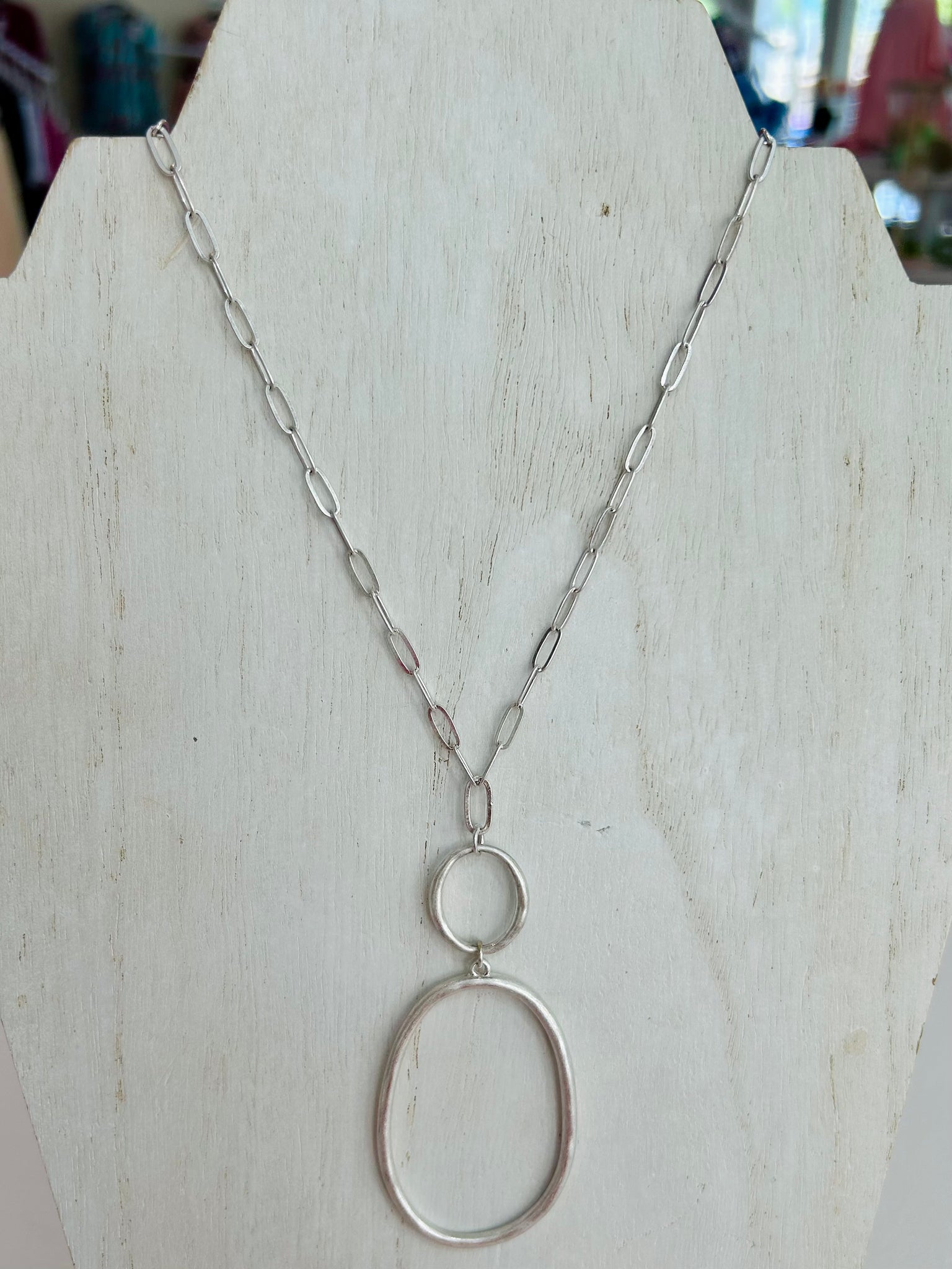 Linked Oval Pendant Long Necklace - Silver