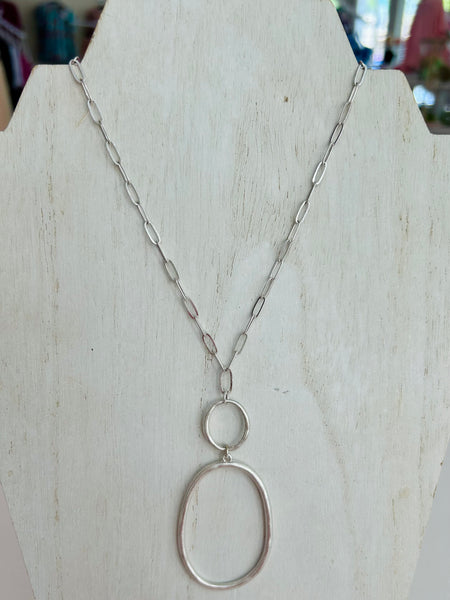 Linked Oval Pendant Long Necklace - Silver