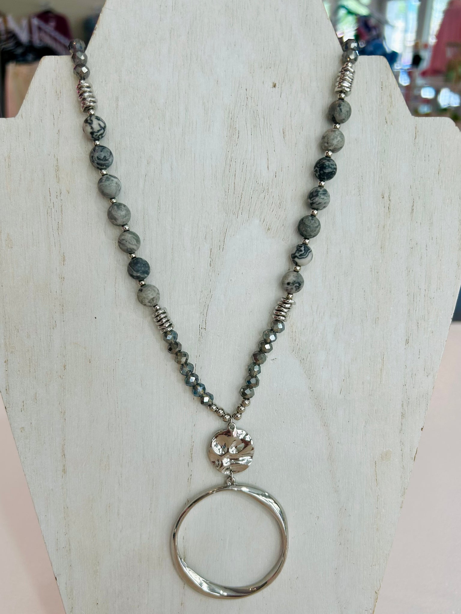 Long Beaded Chain Link Necklace - Silver