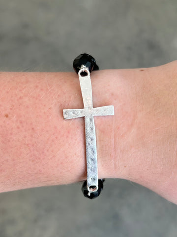Beaded Cross Stretch Bracelet - Black