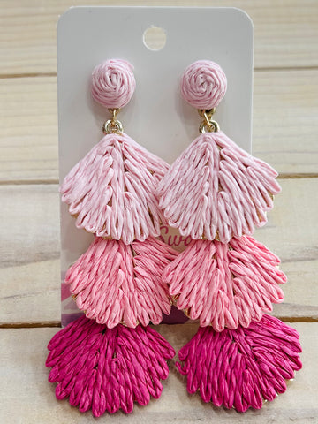 Linked Raffia Shell Drop Earrings - Pink