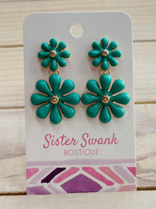 Linked Enamel Flowers Drop Earrings - Mint