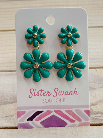 Linked Enamel Flowers Drop Earrings - Mint