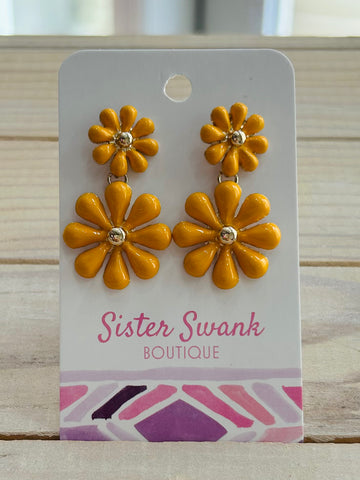 Linked Enamel Flowers Drop Earrings - Yellow