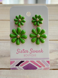Linked Enamel Flowers Drop Earrings - Green
