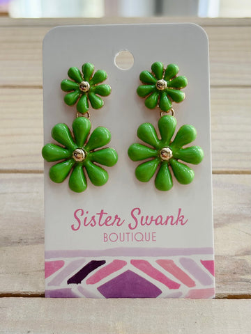 Linked Enamel Flowers Drop Earrings - Green