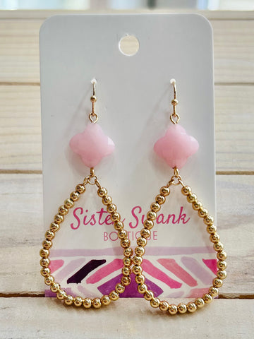 Clover Beaded Teardrop Dangle Earrings - Pink
