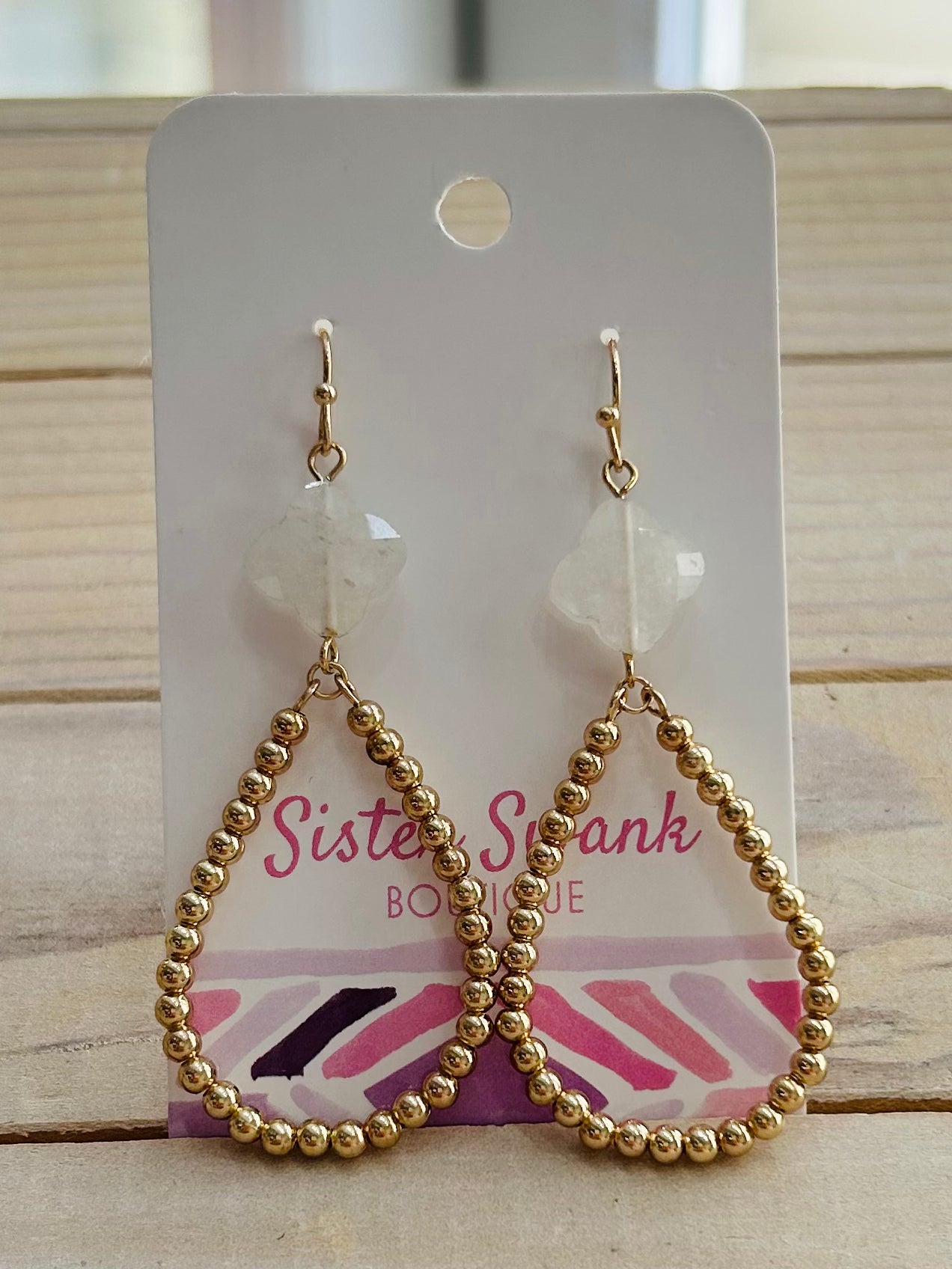 Clover Beaded Teardrop Dangle Earrings - White