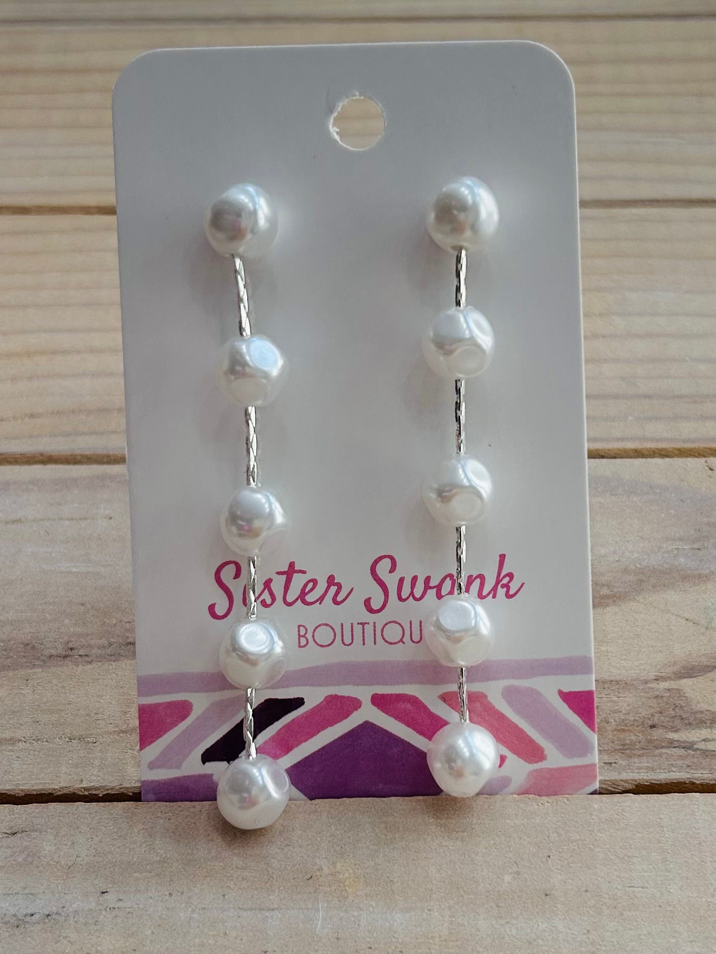Pearl Beaded Chain Link Earrings - Silver
