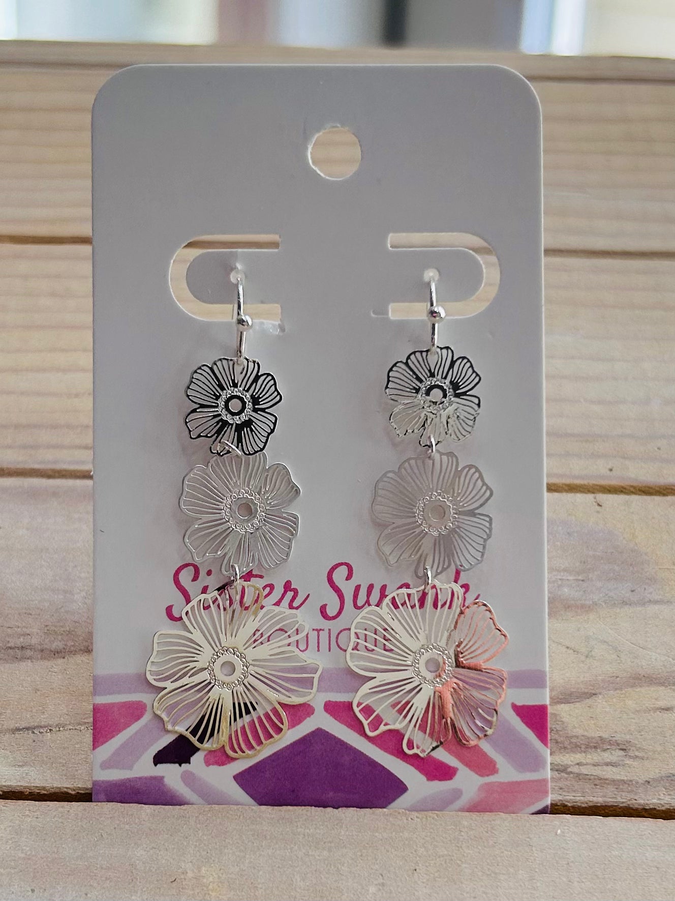 Long Linked Metal Flower Dangle Earrings - Silver