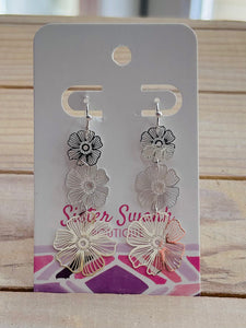 Long Linked Metal Flower Dangle Earrings - Silver