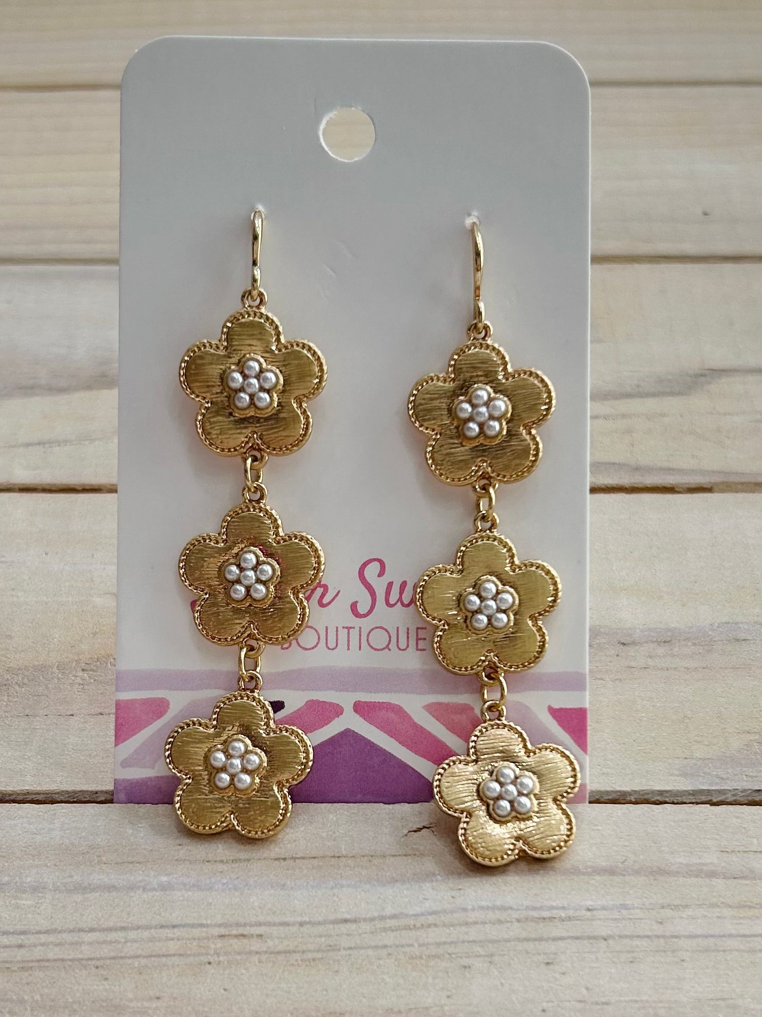 Linked Metal Flowers Dangle Earrings - Gold