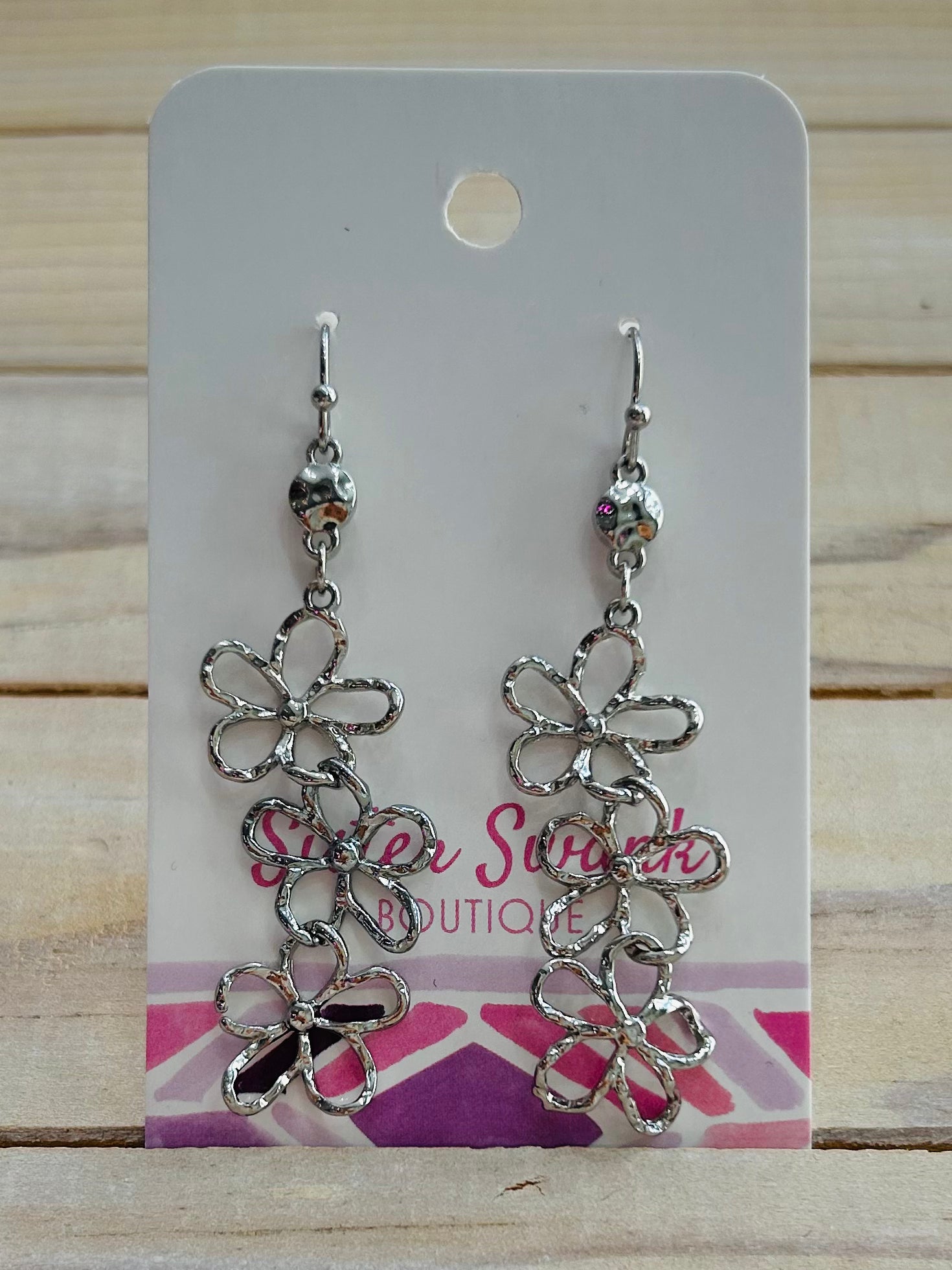 Linked Hollow Flower Dangle Earrings - Silver