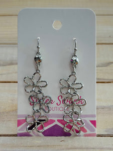 Linked Hollow Flower Dangle Earrings - Silver