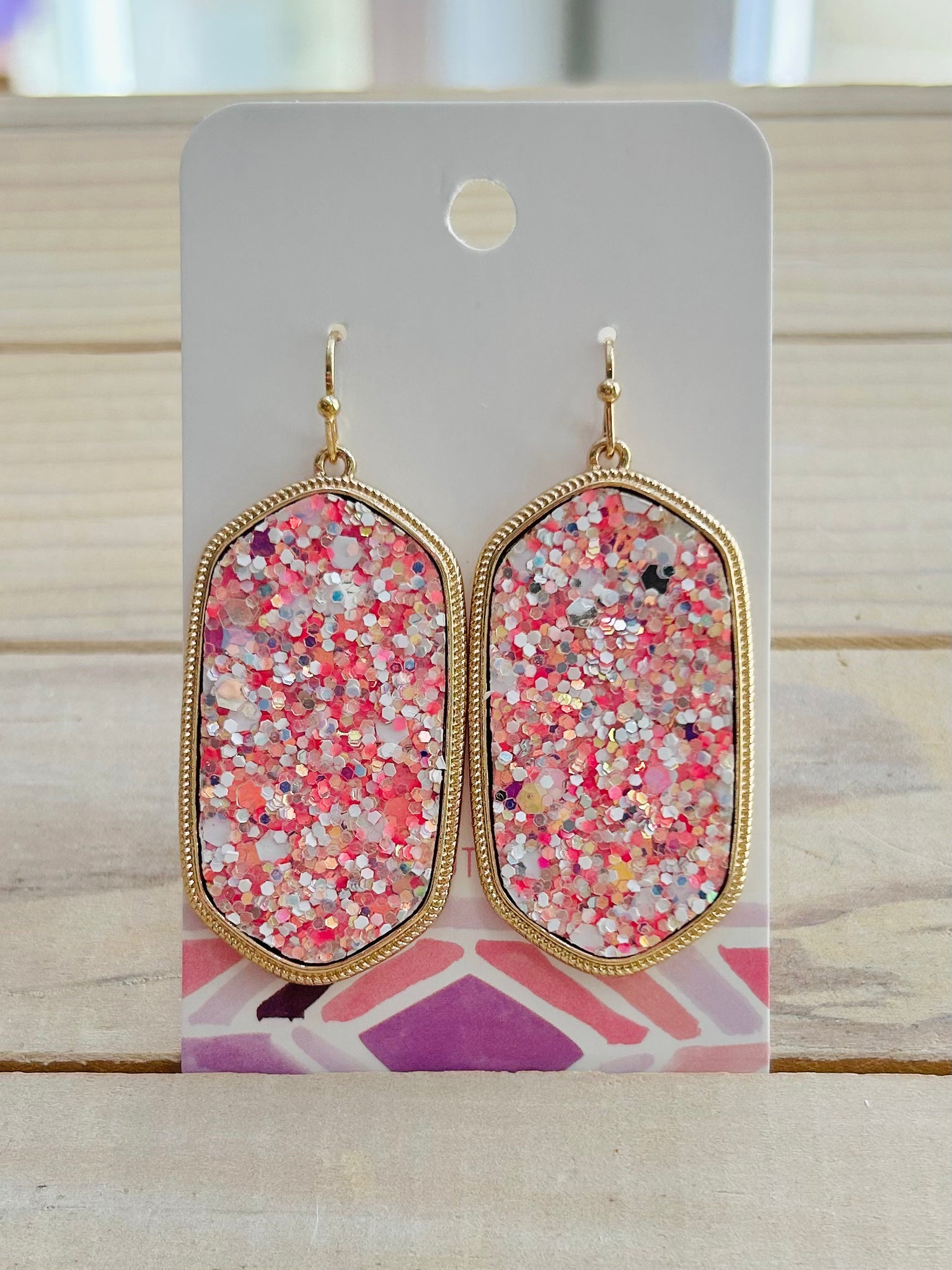 Long Glitter Hexagon Drop Earrings - Pink Multi