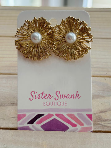 Large Metal Flower Post Earrings - Gold
