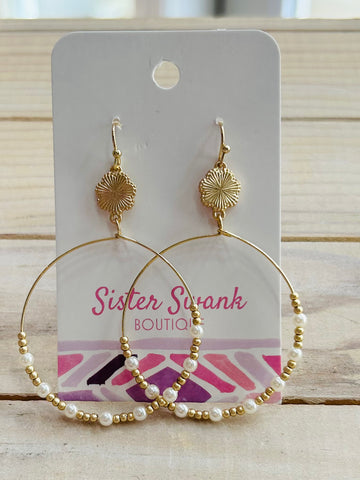 Beaded Wire Hoop Dangle Earrings - Gold