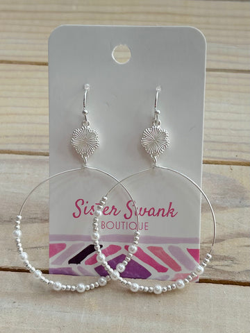 Beaded Wire Hoop Dangle Earrings - Silver