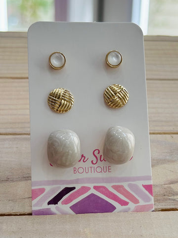 Set of Three Stud & Hoop Earrings - Ivory