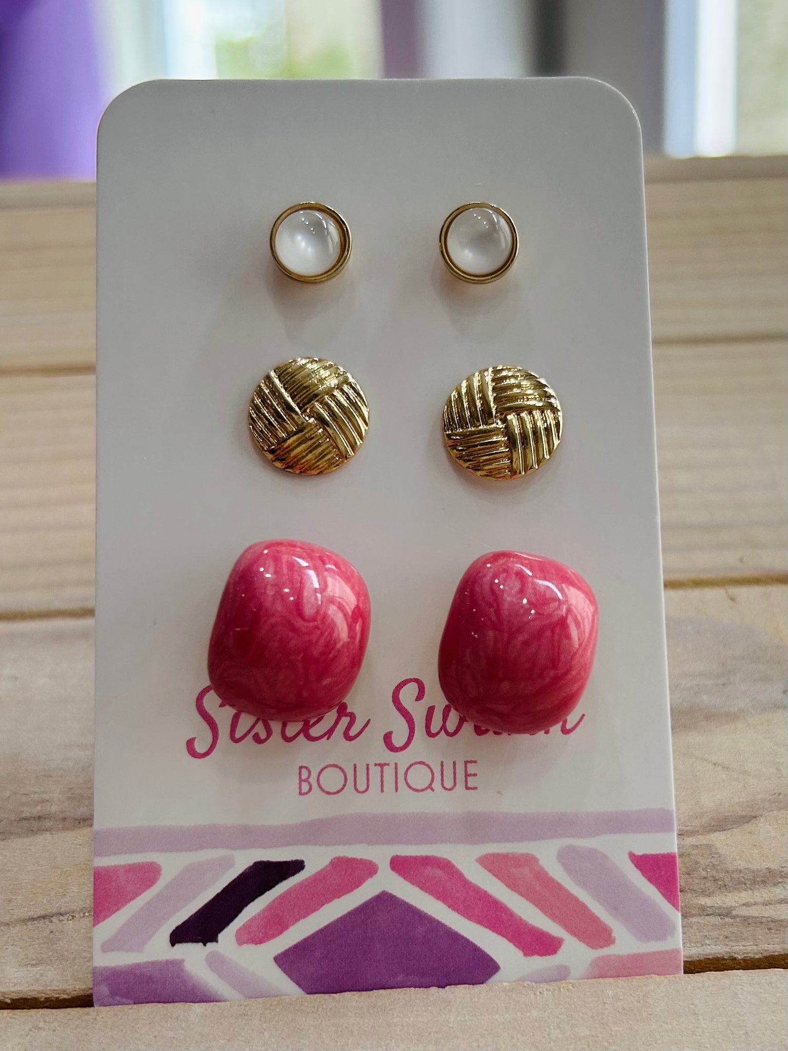 Set of Three Stud & Hoop Earrings - Pink