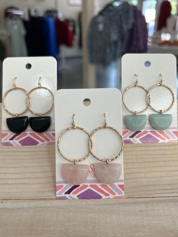 Hammered Circular Drop Earring with Stone Semi-circle Dangle