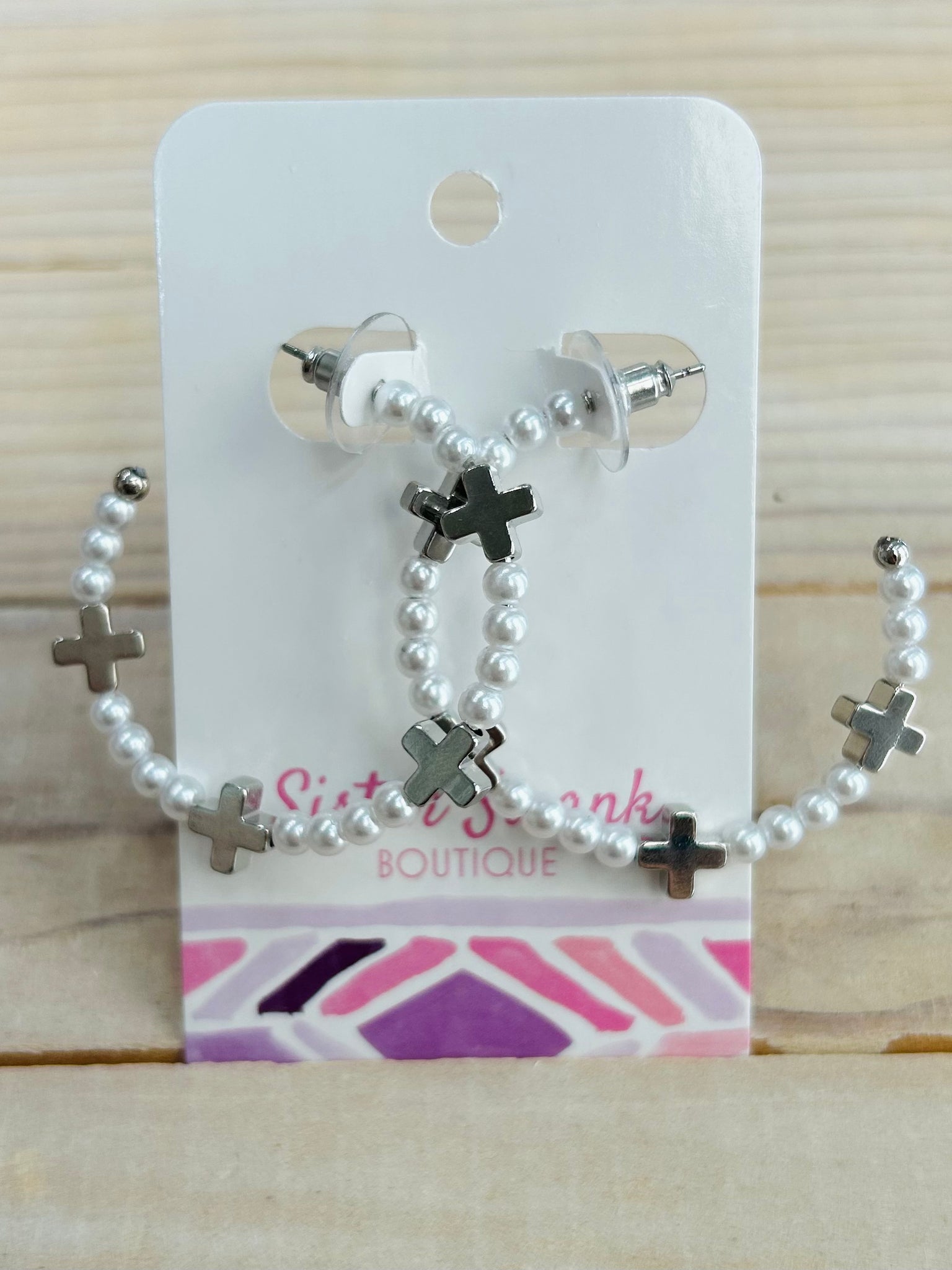 Cross & Pearl Beaded Hoop Earrings - Silver
