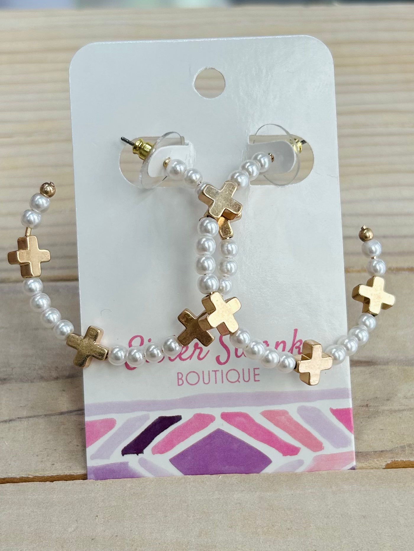 Cross & Pearl Beaded Hoop Earrings - Gold