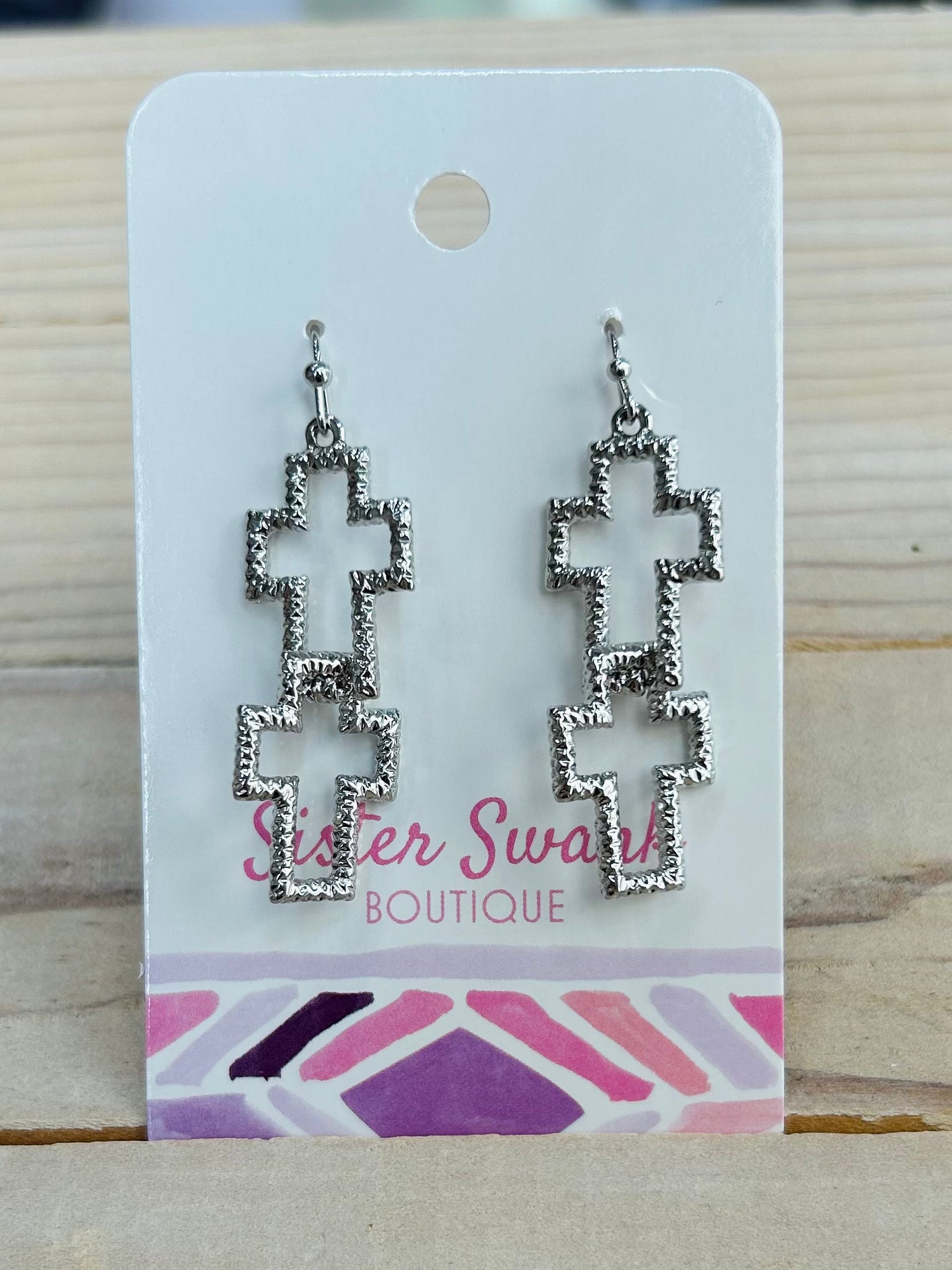 Linked Hollow Cross Dangle Earrings - Silver
