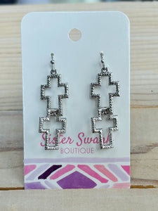 Linked Hollow Cross Dangle Earrings - Silver