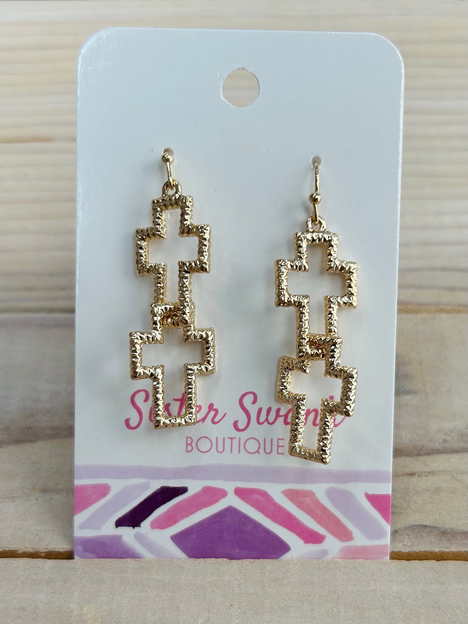 Linked Hollow Cross Dangle Earrings - Gold