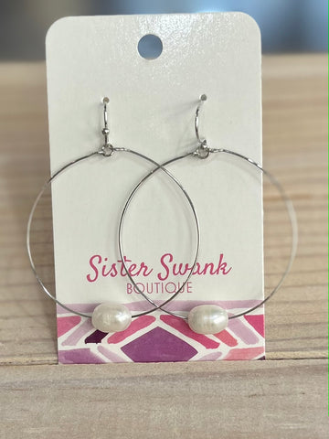 Silver Hoop Dangle Earrings With a Pearl