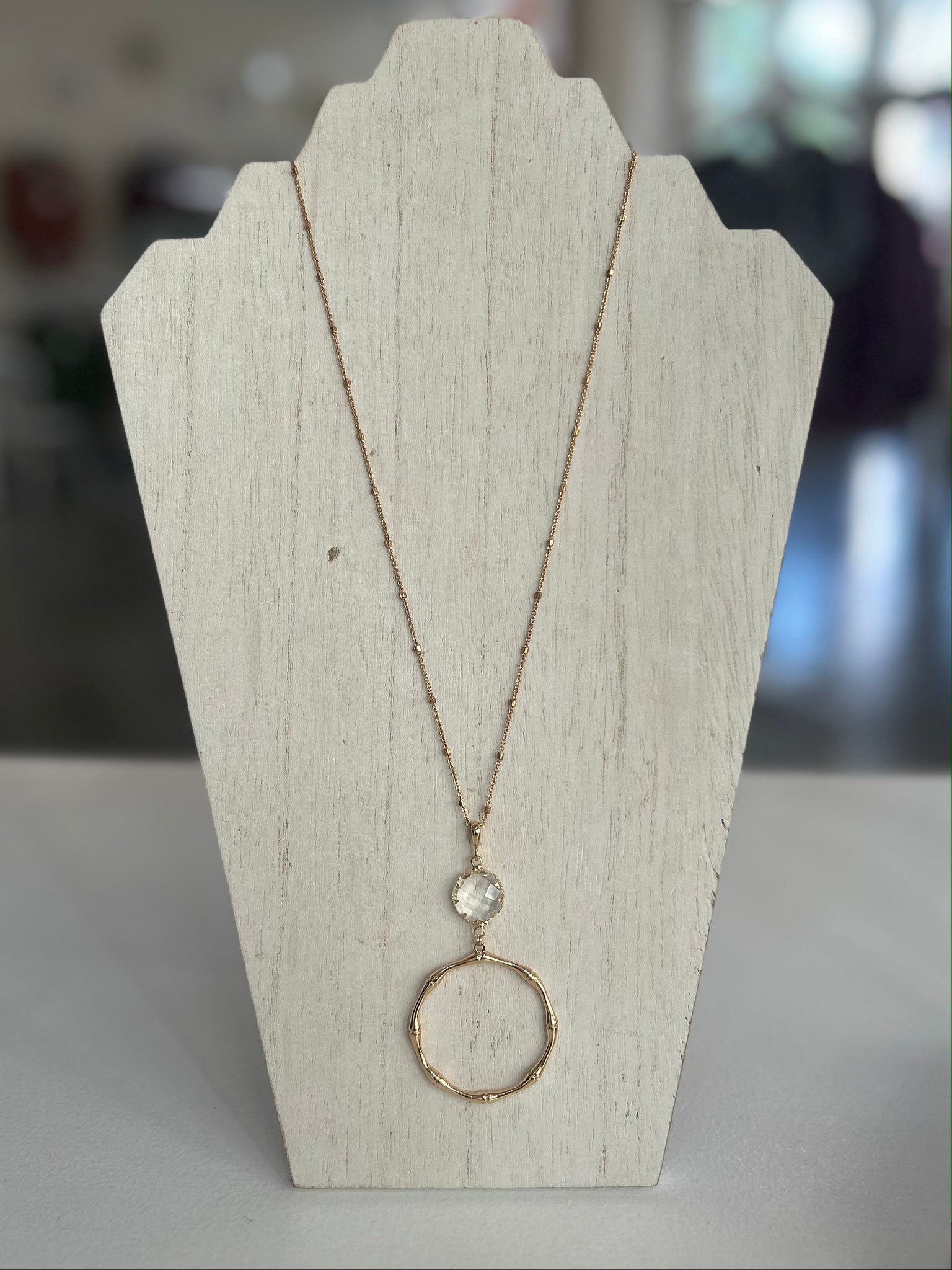 Long Rhinestone and Bamboo Pendant Necklace