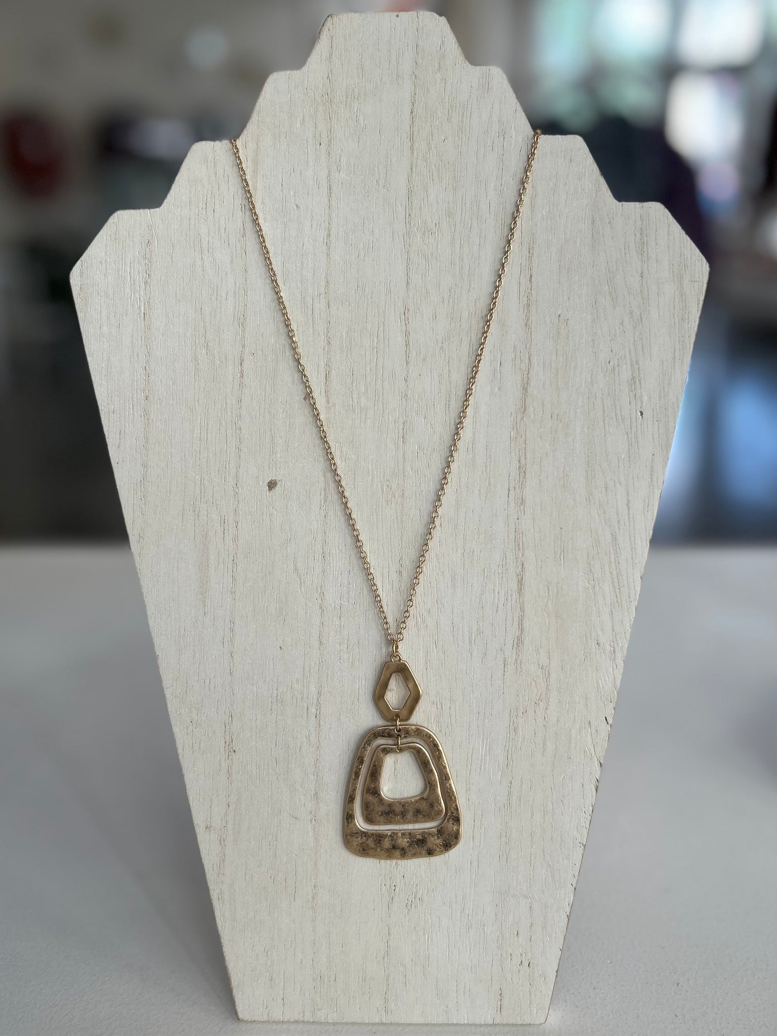 Long Hammered Geometric Pendant Necklace