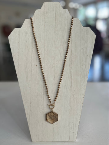 Beaded Brown Natural Stone Geometric Pendant Necklace