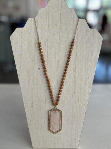 Beaded Wood Necklace with Rose Quartz Pendant