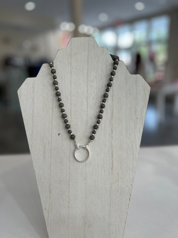 Grey Wooden Beaded Necklace With Simple Metal Circle Pendant