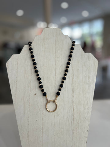 Black Wood Beaded Necklace With Simple Metal Circle Pendant