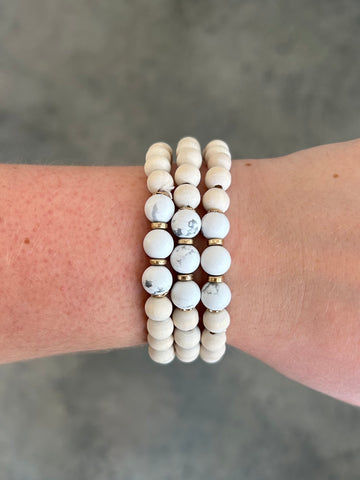 White Set of Three Stretch Bracelets Featuring Wood Beads With Natural Stone Bead Details