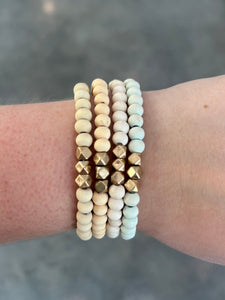 Multi Wood Beaded Stretch Bracelet Set Featuring Gold Accents