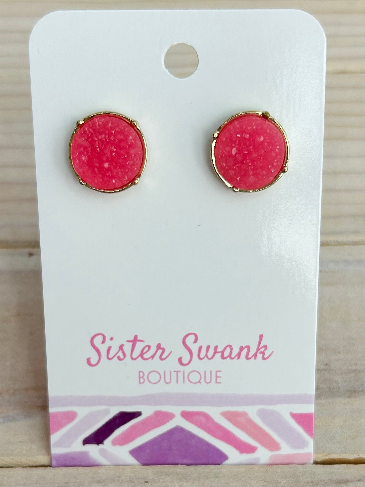 Round Druzy Stud Earrings - Pink