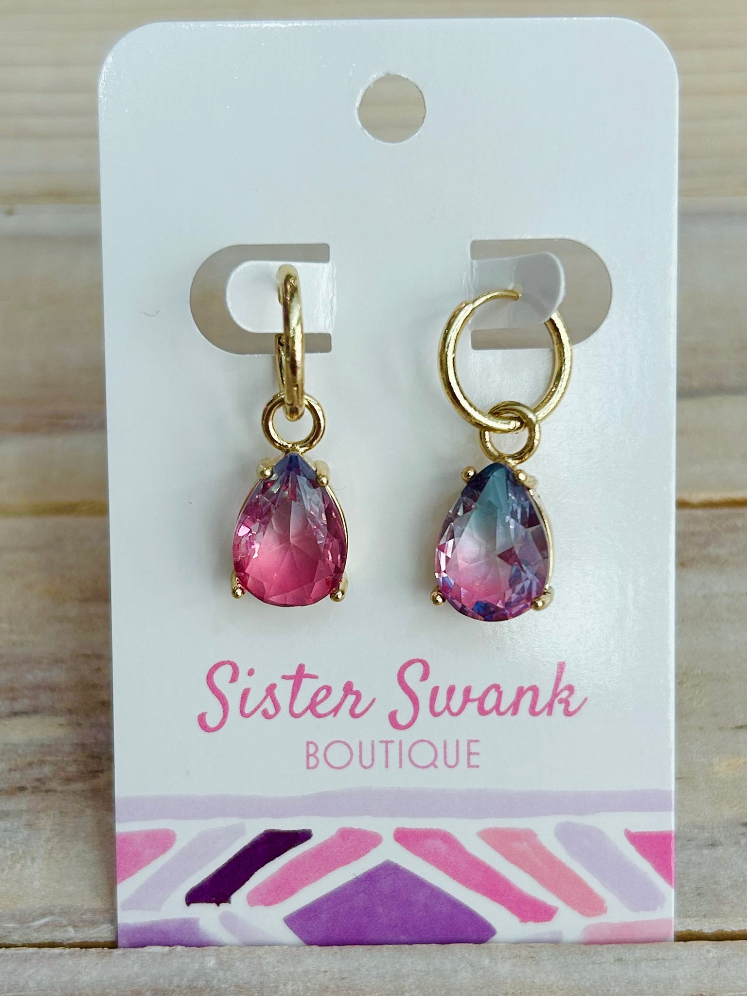 Crystal Teardrop Hinged Hoop Earrings - Purple