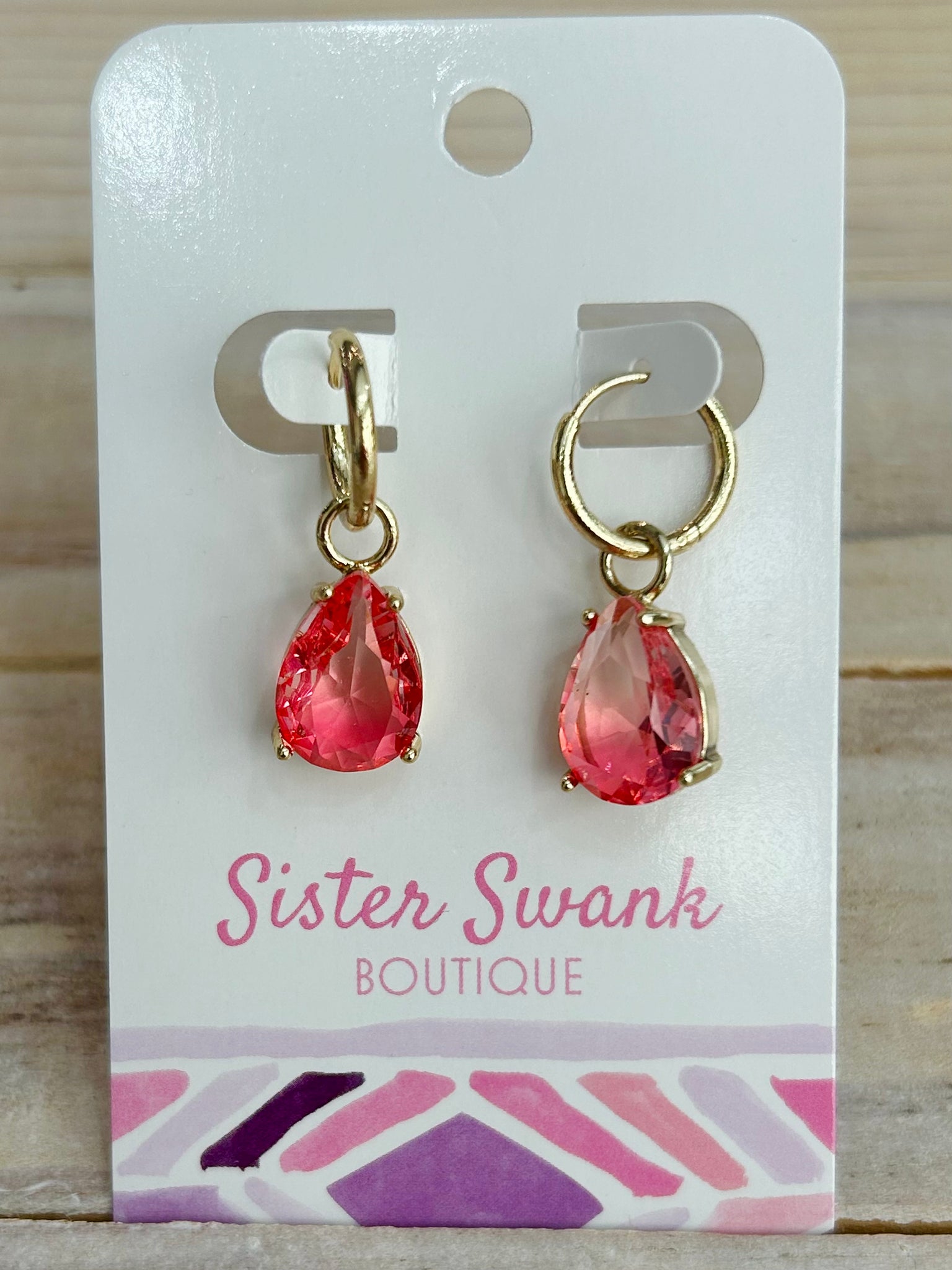 Crystal Teardrop Hinged Hoop Earrings - Pink