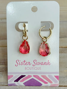 Crystal Teardrop Hinged Hoop Earrings - Pink