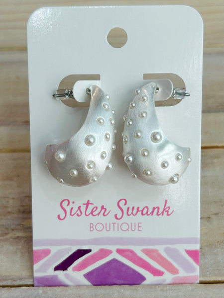 Pearl Teardrop Post Drop Earrings - Silver