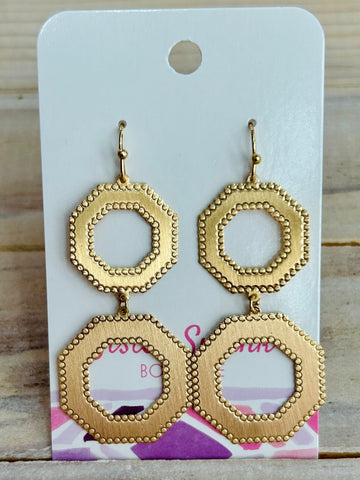 Textured Border Linked Octagon Earrings - Gold