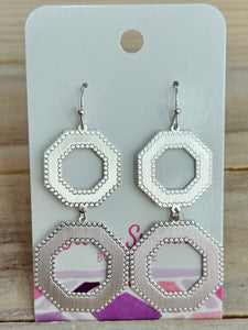Textured Border Linked Octagon Earrings - Silver