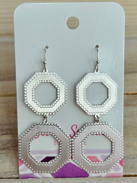 Textured Border Linked Octagon Earrings - Silver
