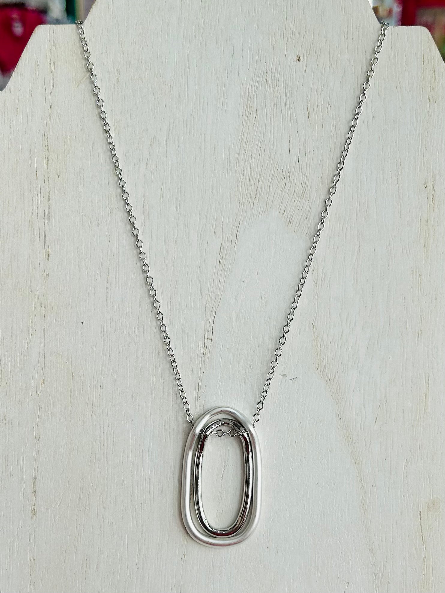 Metal Oval Pendant Long Necklace - Silver