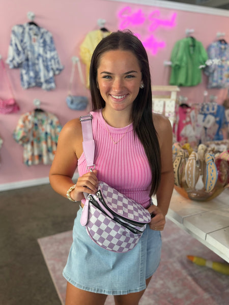 Going Places Crossbody Bag - Purple Checkered