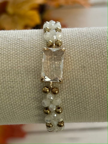 Beaded Bracelet with Rhinestone - White